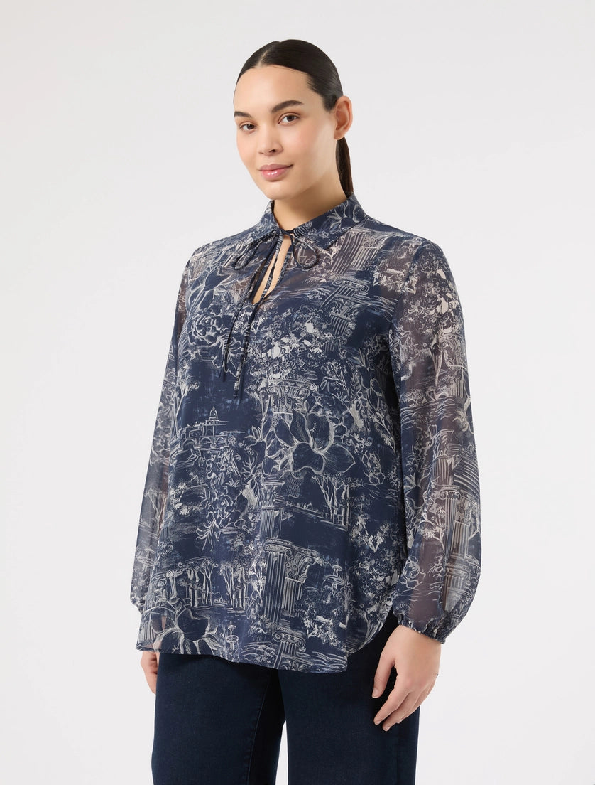 Marina Rinaldi Fuxia Georgette Toile Print Blouse with Liner Camisole in China Blue Toile