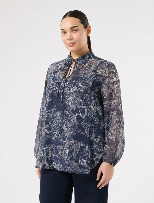 Marina Rinaldi Fuxia Georgette Toile Print Blouse with Liner Camisole in China Blue Toile