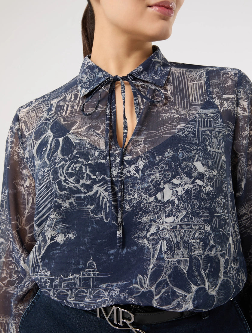 Marina Rinaldi Fuxia Georgette Toile Print Blouse with Liner Camisole in China Blue Toile