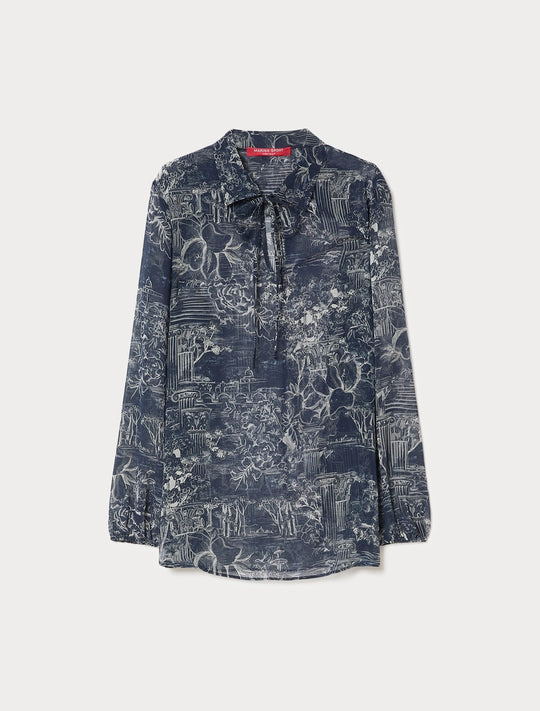 Marina Rinaldi Fuxia Georgette Toile Print Blouse with Liner Camisole in China Blue Toile