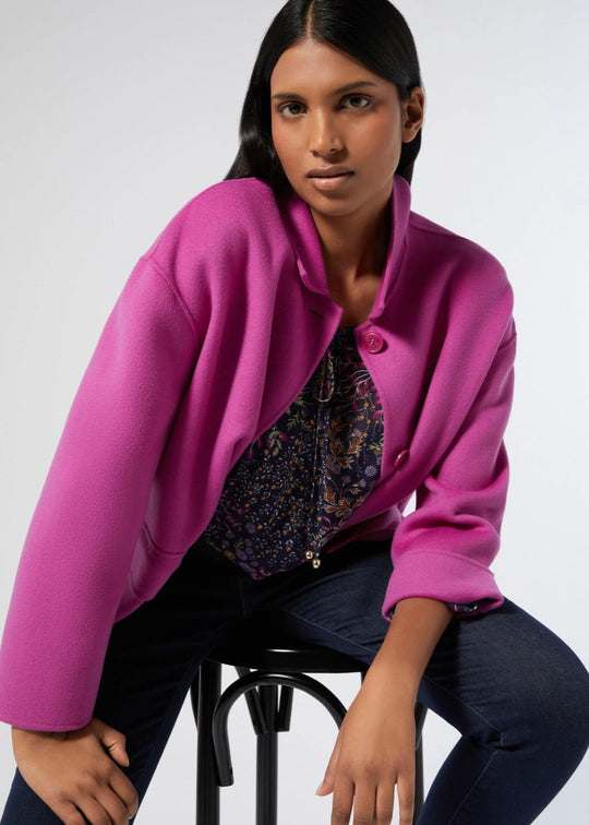 front view of plus size Marina Rinaldi Olindo Georgette gathered neck Long sleeve Blouse with pink jacket