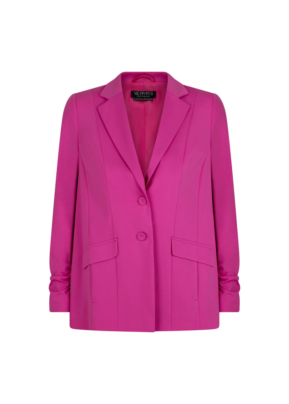 front view of Verpass plus size Stretch Blazer with Rouched Sleeve in Fuchsia