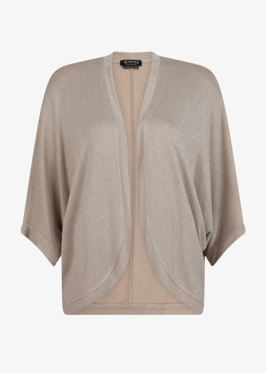front view of Verpass plus size Lurex Knit Open Cardigan in Sand