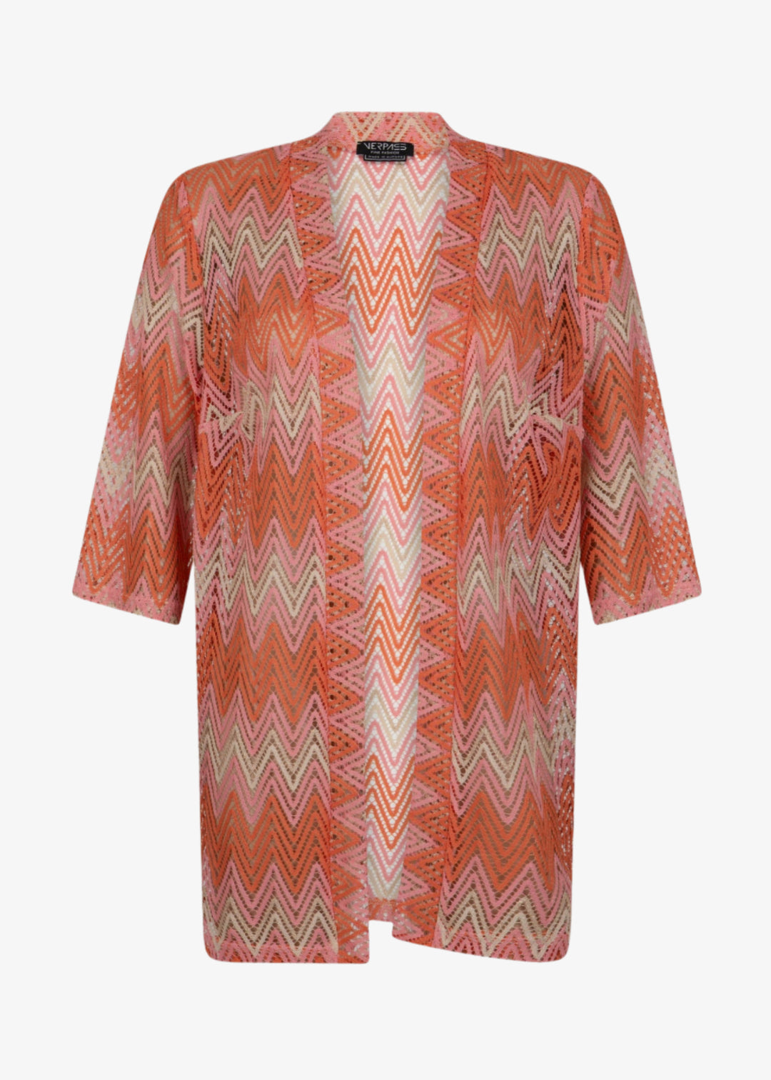 front view of Verpass plus size Bargello Knit 3/4 Sleeve Open Cardigan in Peach