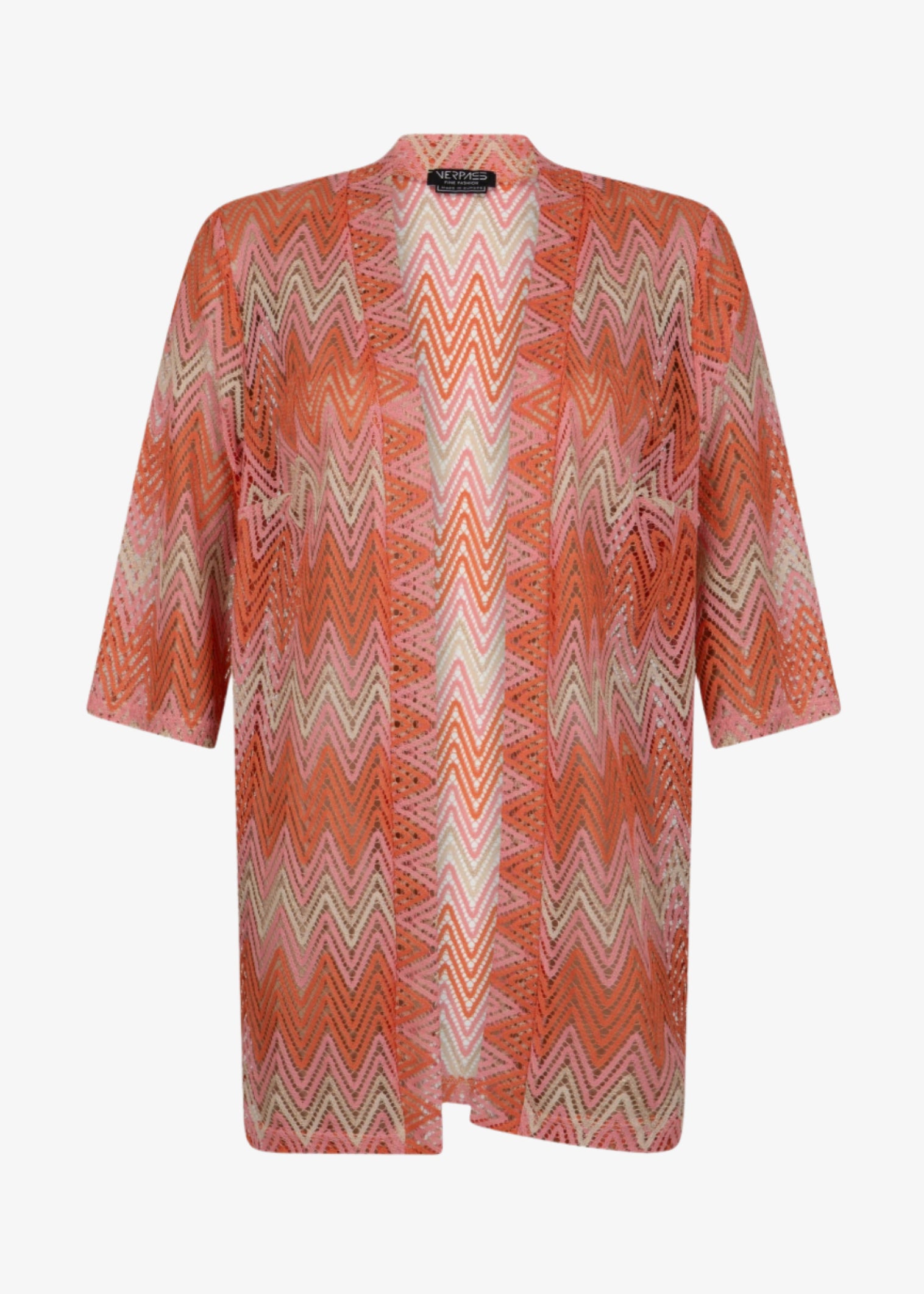 front view of Verpass plus size Bargello Knit 3/4 Sleeve Open Cardigan in Peach