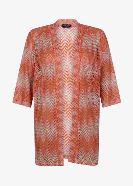 front view of Verpass plus size Bargello Knit 3/4 Sleeve Open Cardigan in Peach