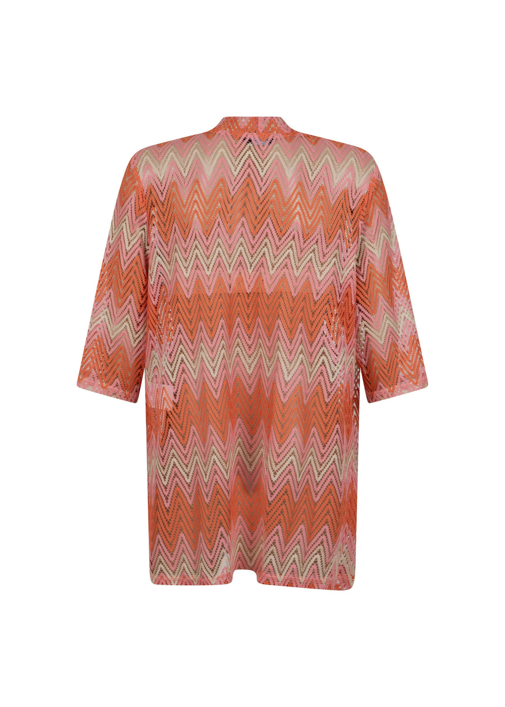 back view of Verpass plus size Bargello Knit 3/4 Sleeve Open Cardigan in Peach