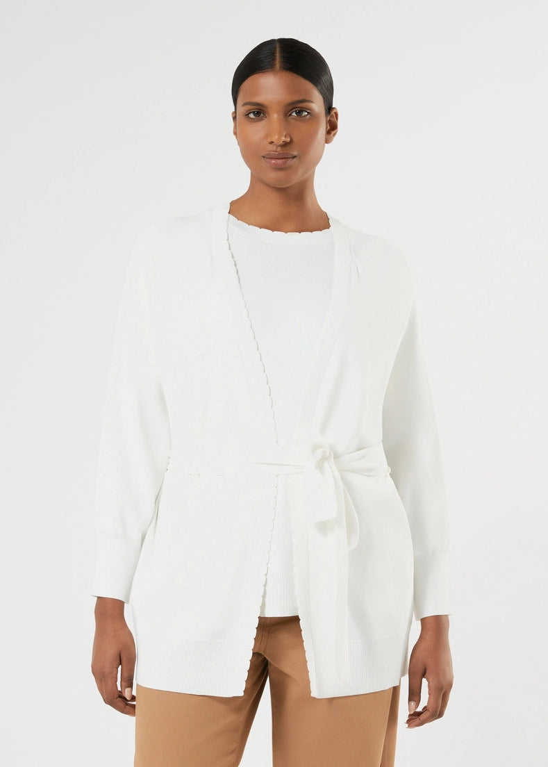 front view of plus size Marina Rinaldi Urbano Viscose Crepe Cardigan with Self Belt in Ivory