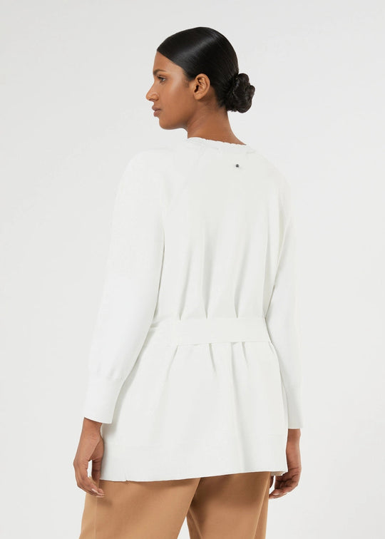 back view of plus size Marina Rinaldi Urbano Viscose Crepe Cardigan with Self Belt in Ivory