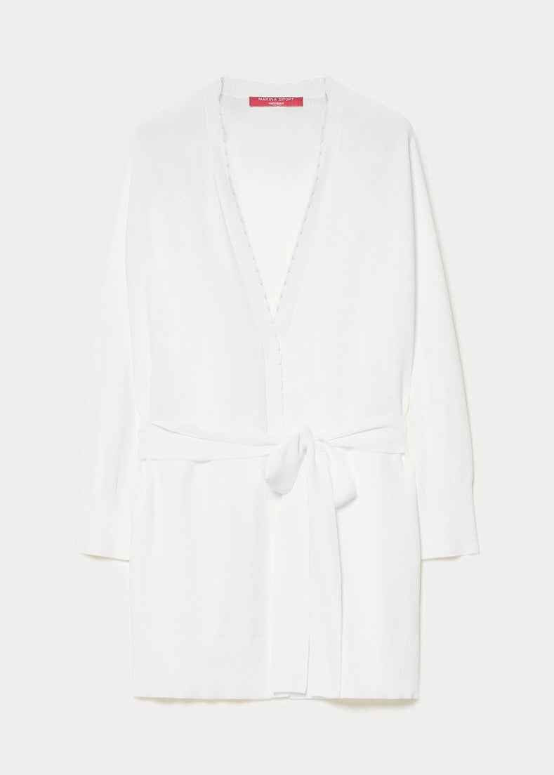 front view of plus size Marina Rinaldi Urbano Viscose Crepe Cardigan with Self Belt in Ivory