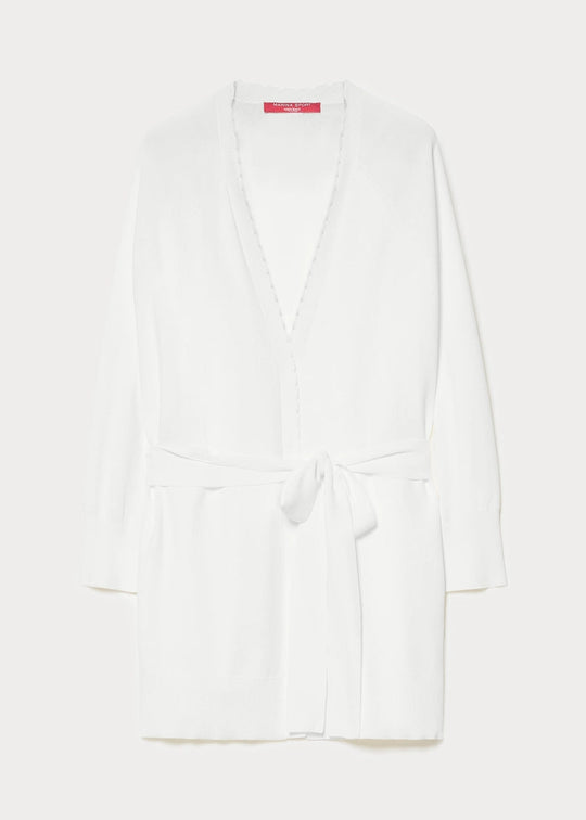 front view of plus size Marina Rinaldi Urbano Viscose Crepe Cardigan with Self Belt in Ivory