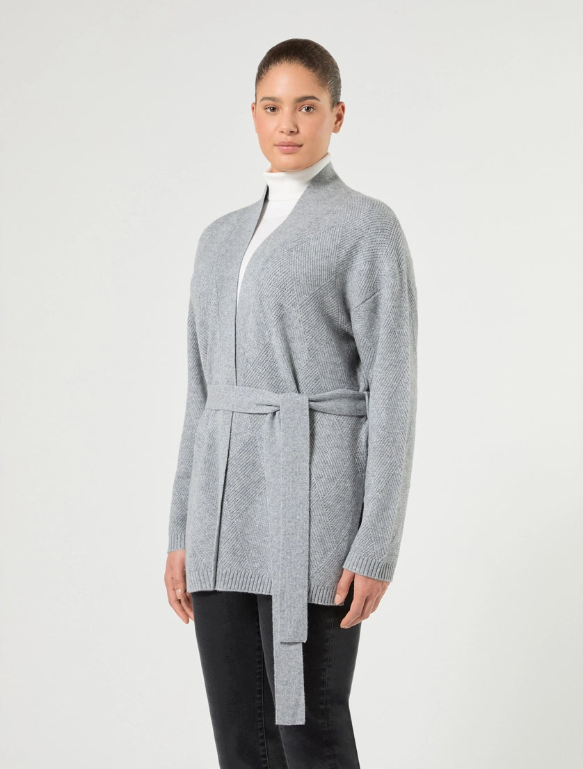 Medium grey open-front cardigan with self tie belt and ribbed cuffs