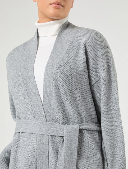 Medium grey open-front cardigan with self belt, ribbed knit cuffs and hem