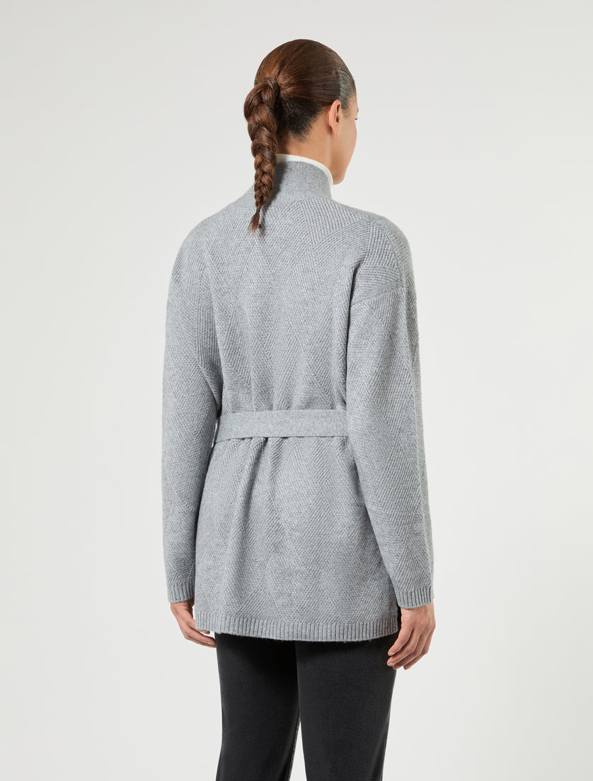 Grey knit open-front belted cardigan with diamond texture pattern, back view on model