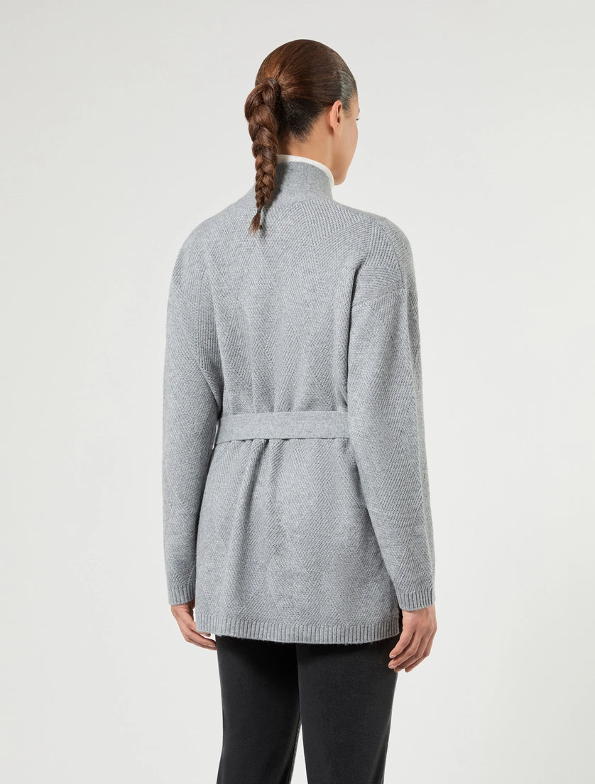 Medium grey knit cardigan with self belt, V-back and full sleeves