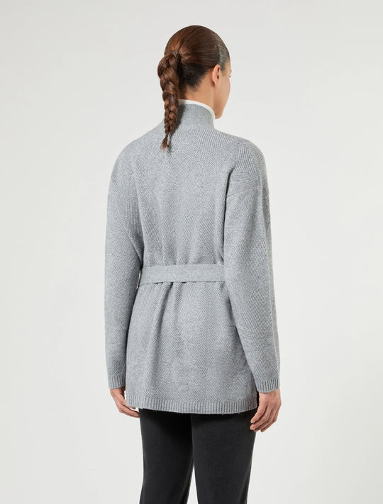 Medium grey knit cardigan with self belt, V-back and full sleeves
