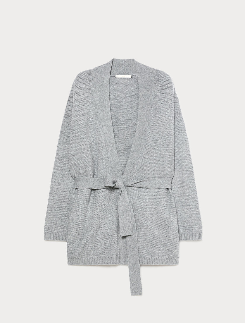Open-front knit cardigan in grey with tie belt and textured weave, flatlay view