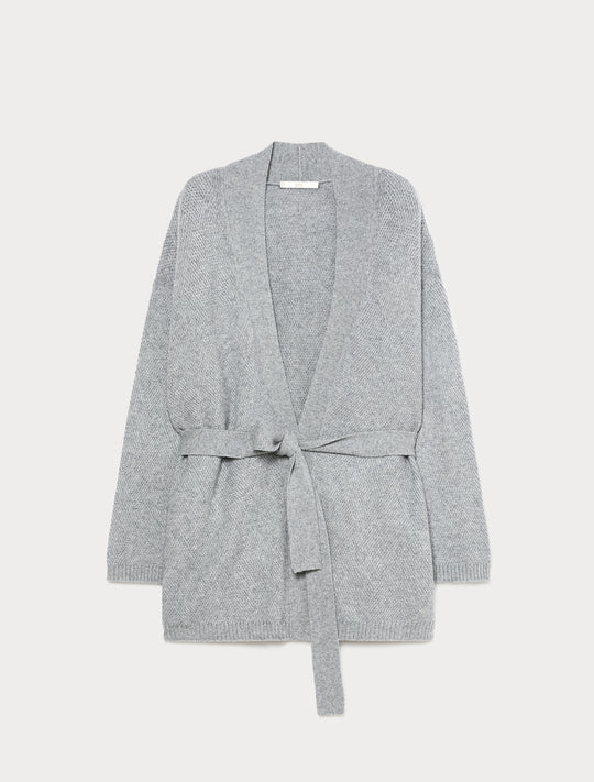 Open-front knit cardigan in grey with tie belt and textured weave, flatlay view