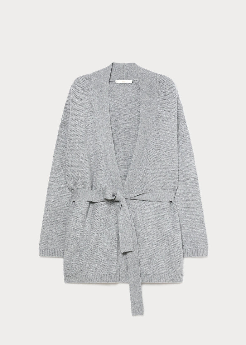 Medium grey open-front knit cardigan with self belt tie and long sleeves
