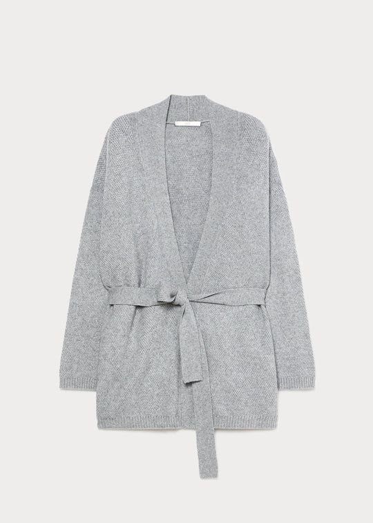 Medium grey open-front knit cardigan with self belt tie and long sleeves
