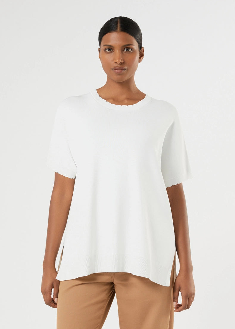 front view of plus size Marina Rinaldi Sansa Scalloped Edge Viscose Crepe Short Sleeve Sweater in Ivory