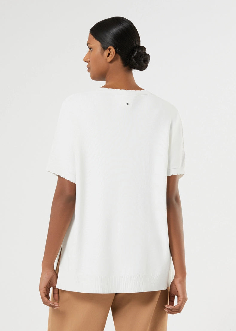 back view of plus size Marina Rinaldi Sansa Scalloped Edge Viscose Crepe Short Sleeve Sweater in Ivory