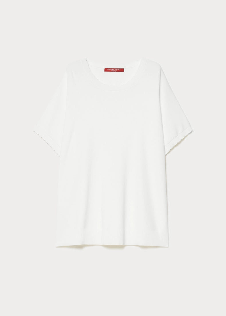 front view of plus size Marina Rinaldi Sansa Scalloped Edge Viscose Crepe Short Sleeve Sweater in Ivory
