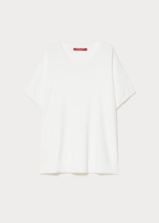 front view of plus size Marina Rinaldi Sansa Scalloped Edge Viscose Crepe Short Sleeve Sweater in Ivory