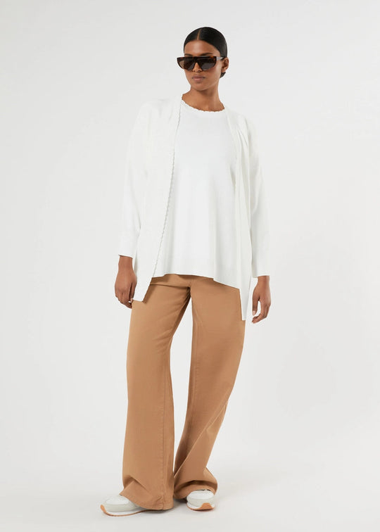 front view of plus size Marina Rinaldi Sansa Scalloped Edge Viscose Crepe Short Sleeve Sweater in Ivory