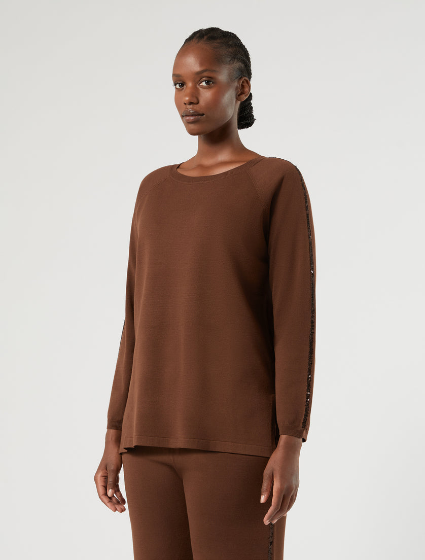 Brown viscose long-sleeve sweater with sequin stripe along outer sleeve