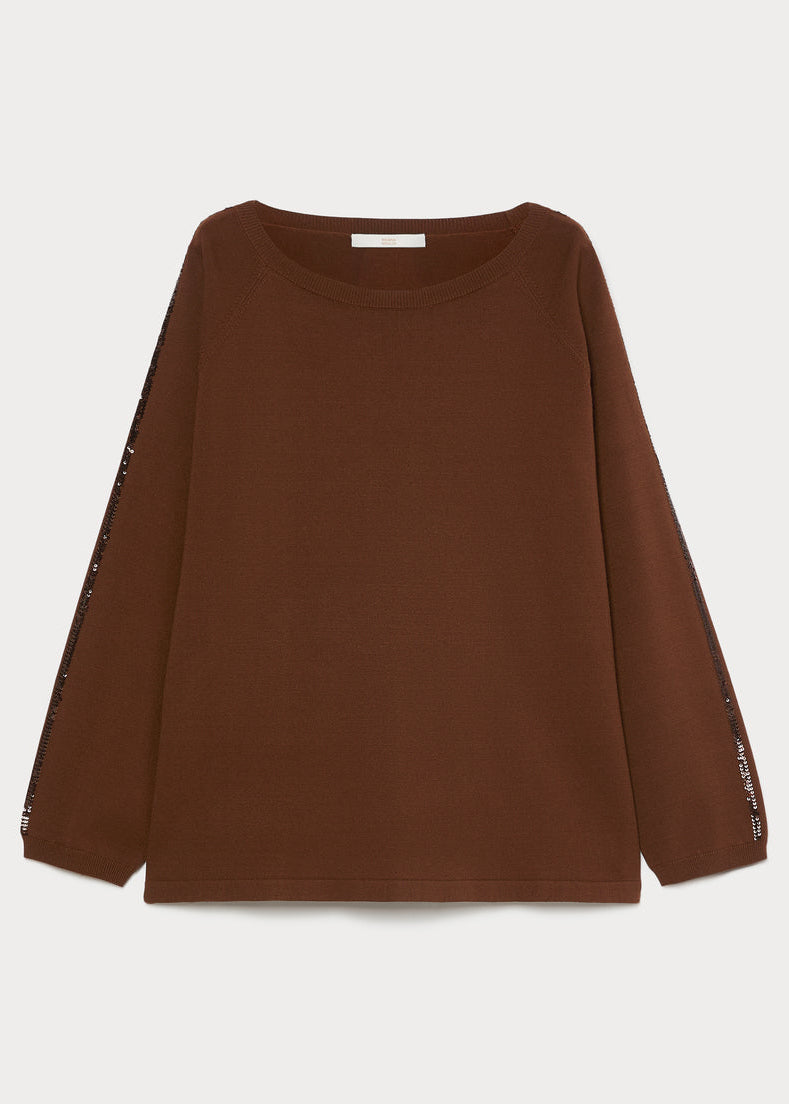 Brown viscose long-sleeve sweater with sequin stripe on sleeve