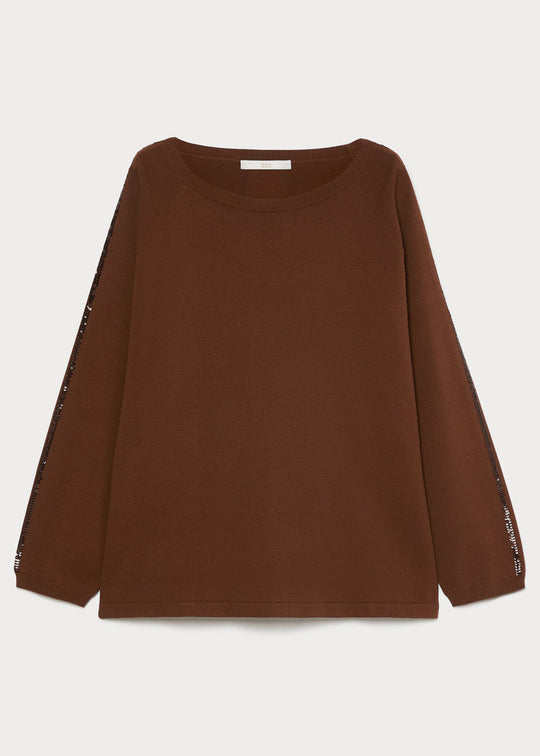 Brown viscose long-sleeve sweater with sequin stripe on sleeve