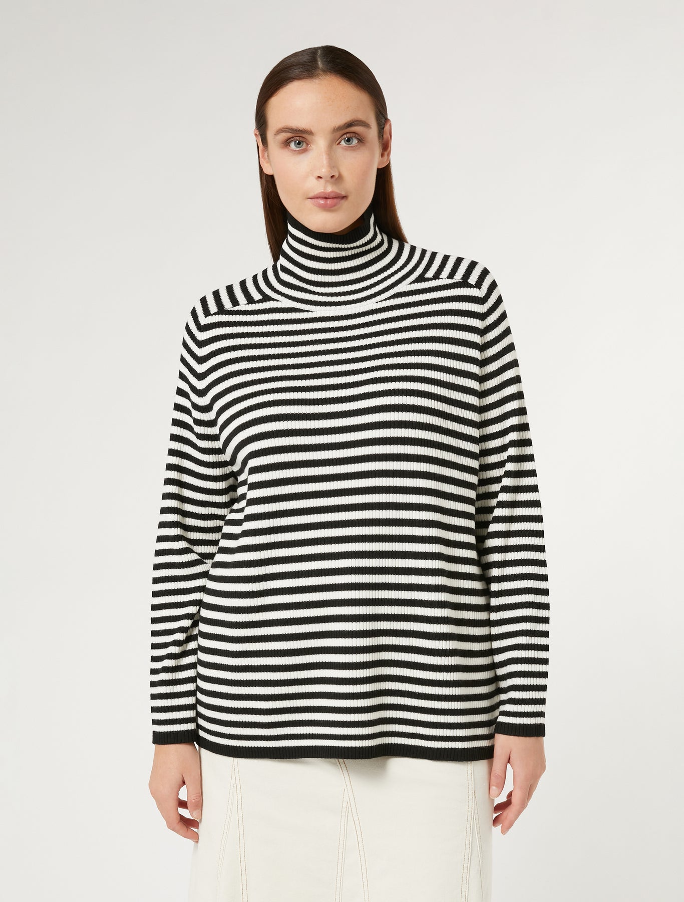 Marina Rinaldi Enigma Striped Wool Turtleneck Top in Black/White