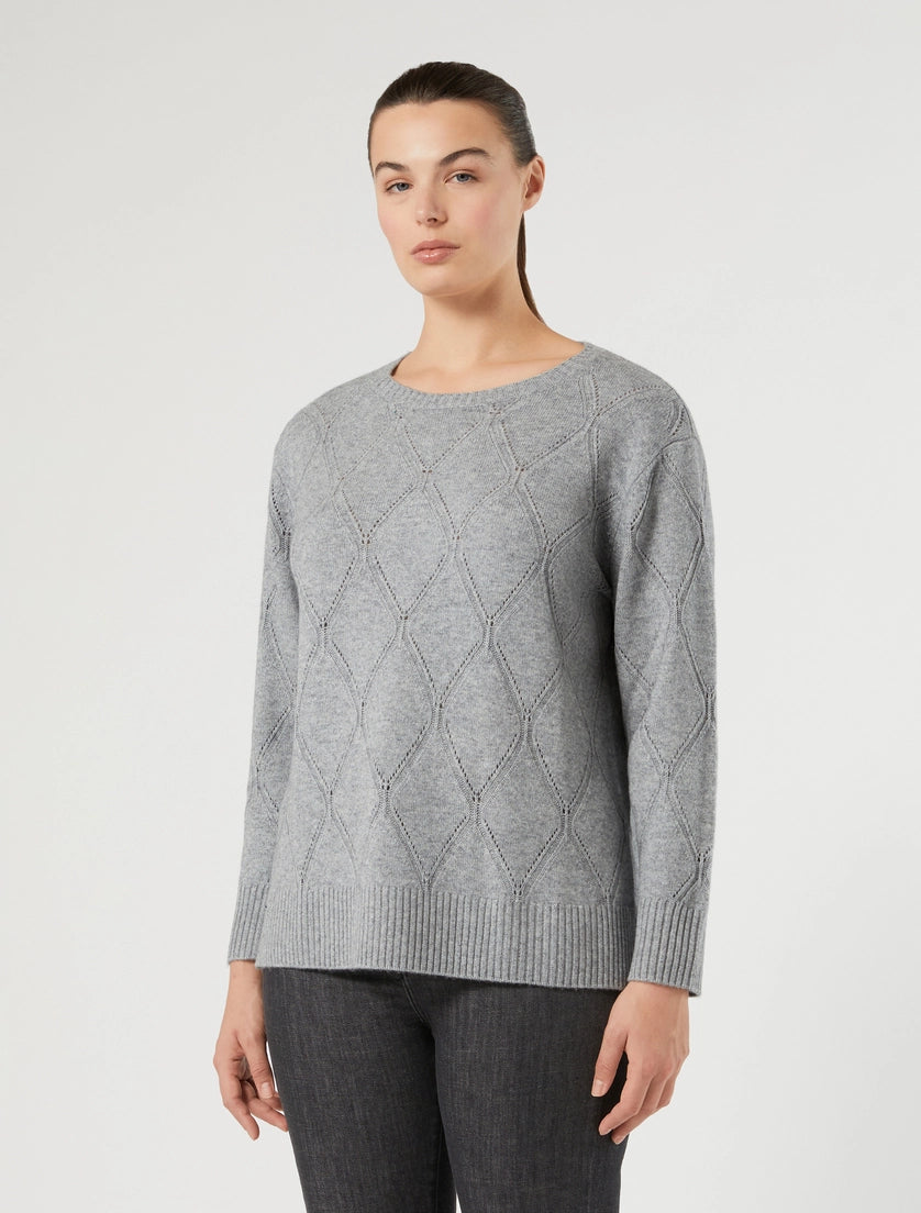 Grey diamond-lattice knit long-sleeve pullover, crew neck with ribbed hem
