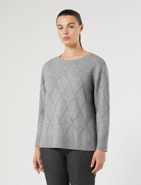 Grey diamond-lattice knit long-sleeve pullover, crew neck with ribbed hem