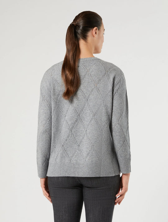 Grey diamond-lattice knit long-sleeve pullover, crew neck and ribbed cuffs