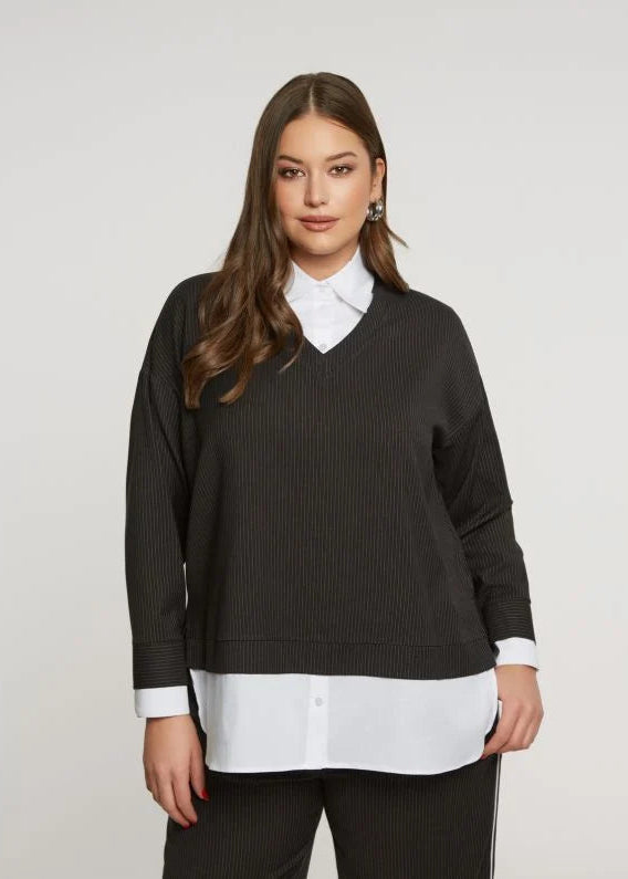 front view of plus size Mat Pinstriped Fooler with white collared shirt in Black 