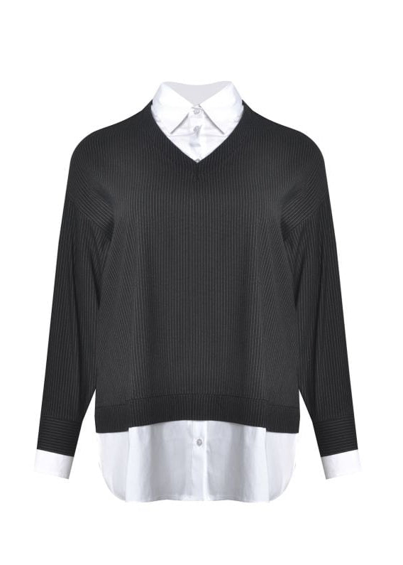 front view of plus size Mat Pinstriped Fooler with white collared shirt in Black