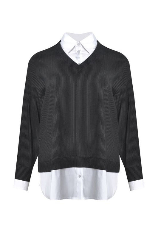 front view of plus size Mat Pinstriped Fooler with white collared shirt in Black
