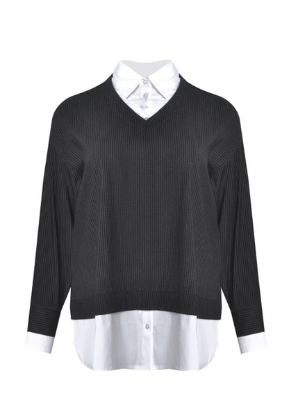 front view of plus size Mat Pinstriped Fooler with white collared shirt in Black