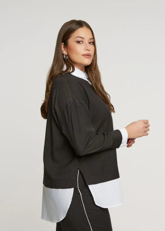 side view of plus size Mat Pinstriped Fooler with white collared shirt in Black
