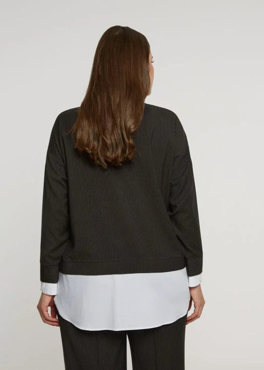 back view of plus size Mat Pinstriped Fooler with white collared shirt in Black