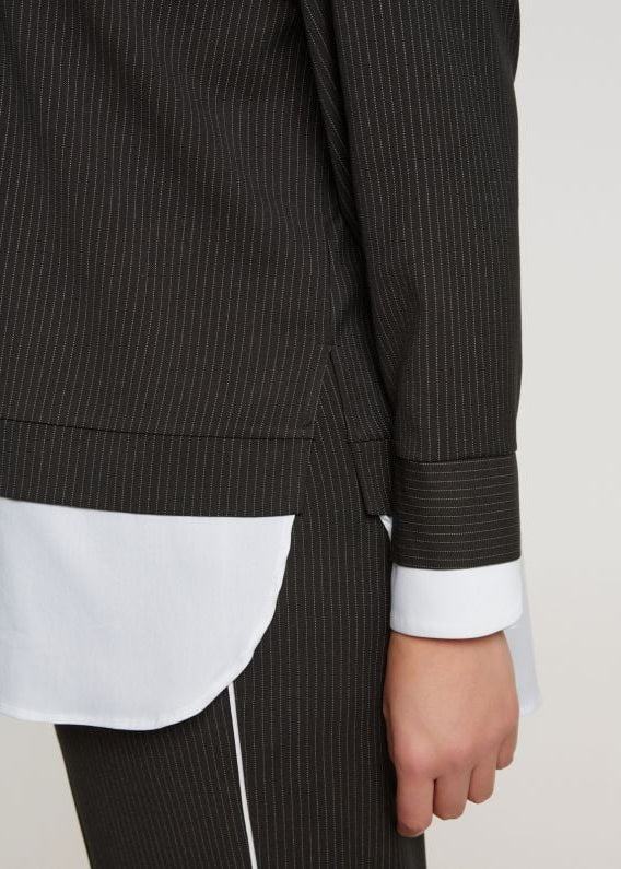 close up of plus size Mat Pinstriped Fooler with white collared shirt in Black