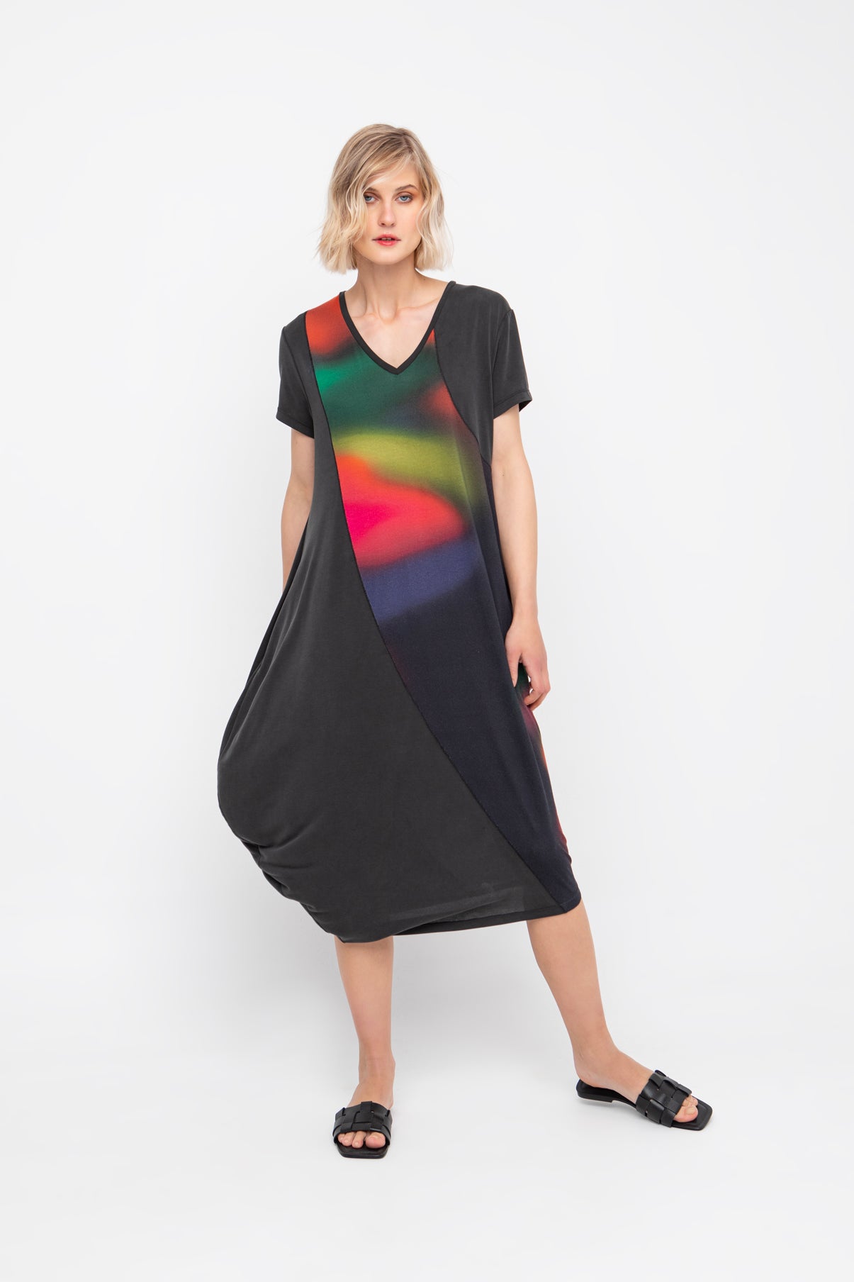 Ozai N Ku Short Sleeve Modal Dress in Black Print