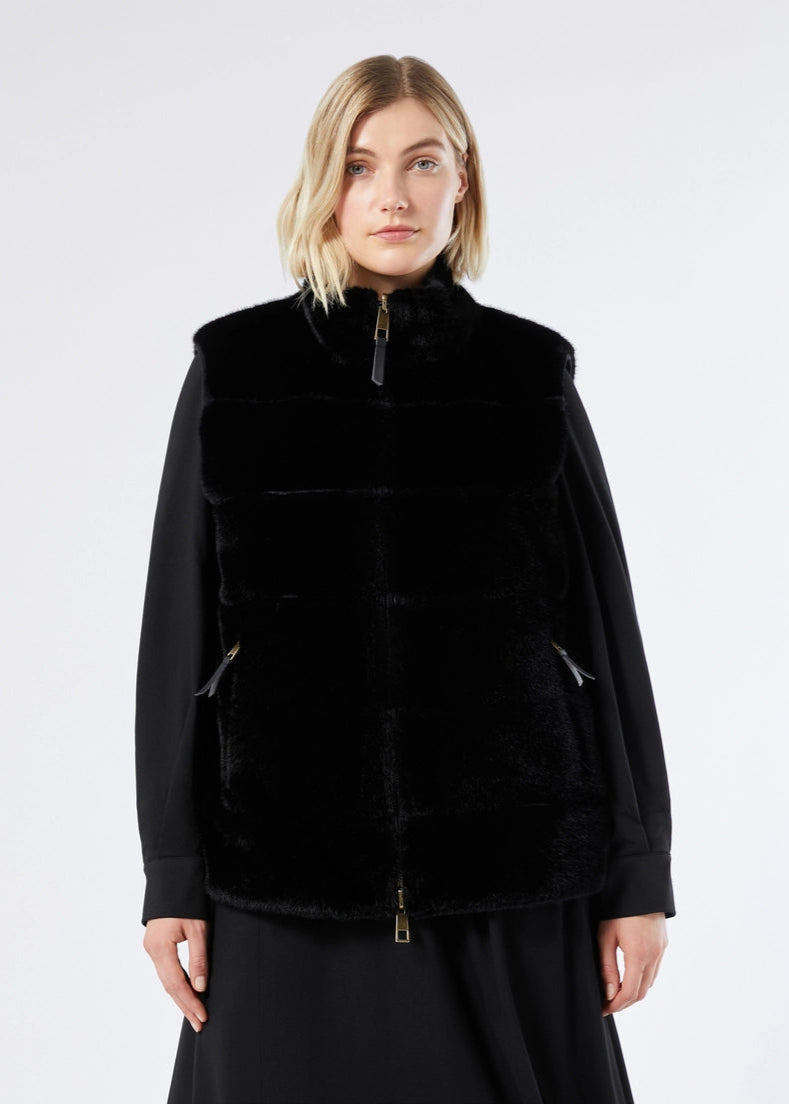 front view of plus size Marina Rinaldi Disegno Faux Fur Reversible Vest in Black