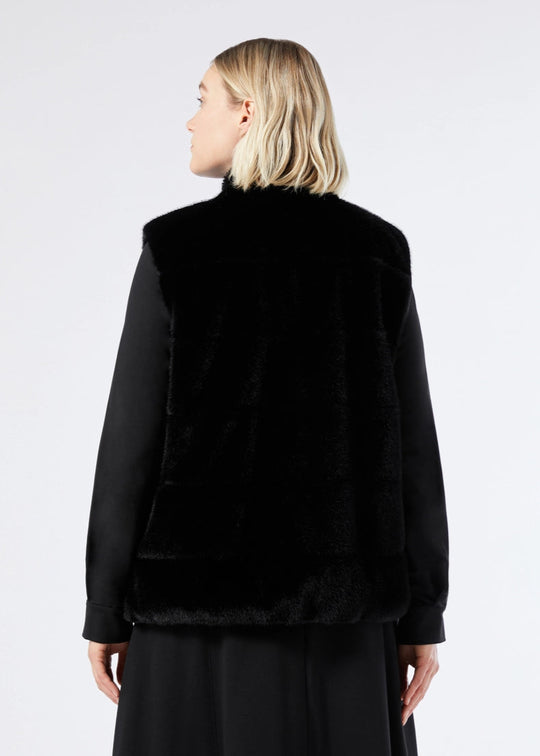 back view of plus size Marina Rinaldi Disegno Faux Fur Reversible Vest in Black