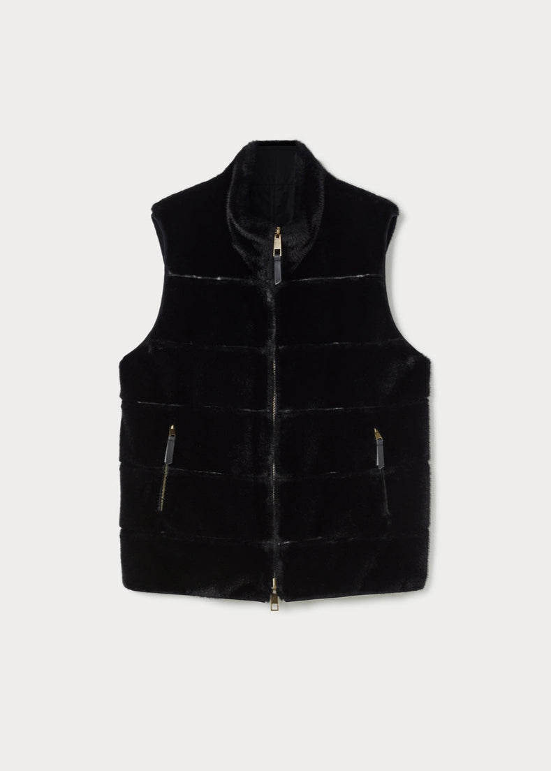 front view of plus size Marina Rinaldi Disegno Faux Fur Reversible Vest in Black