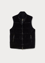 front view of plus size Marina Rinaldi Disegno Faux Fur Reversible Vest in Black