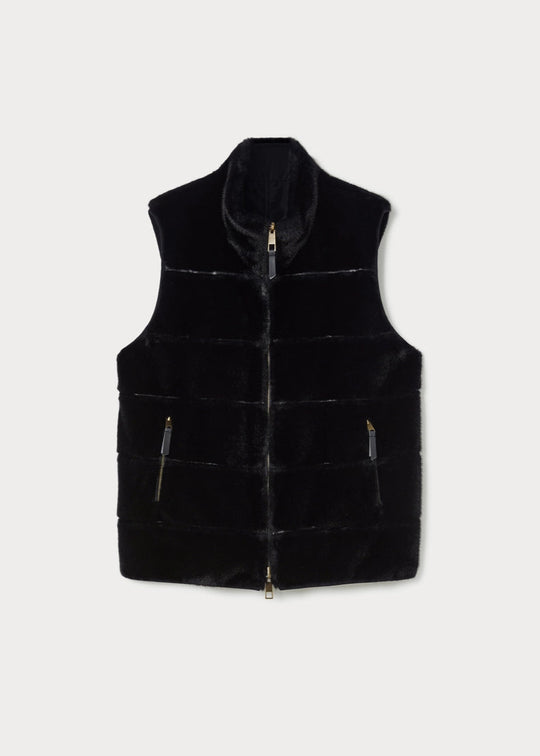 front view of plus size Marina Rinaldi Disegno Faux Fur Reversible Vest in Black