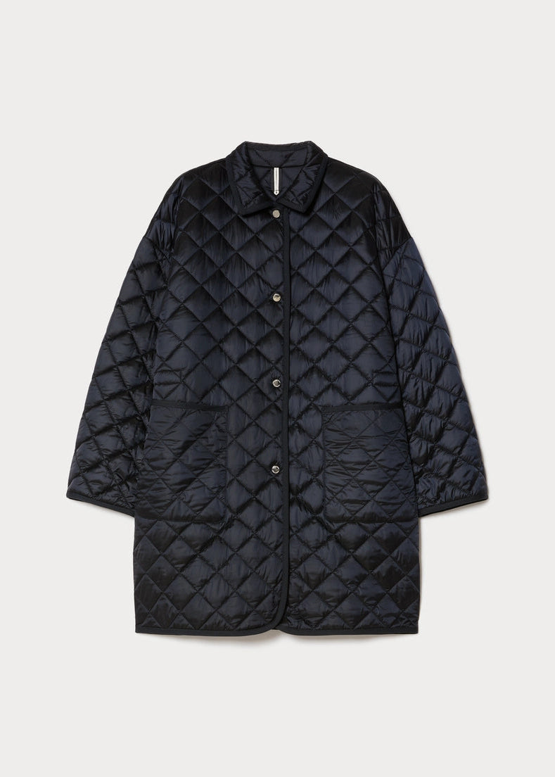 front view of plus size Marina Rinaldi Pomposa Quilted Snap Front Jacket in Navy